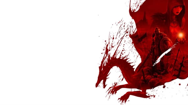image that depicts a red dragon over a white background that serves as a logo for the Dragon Age game by bioware.